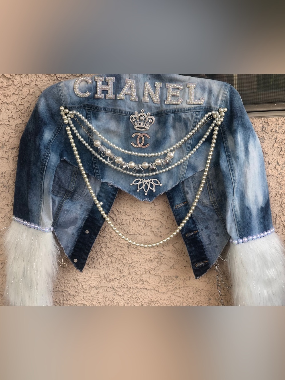 Embellished Blue Denim Women's Jeans Jacket - Pearls & Crystals - Picture 2 of 2